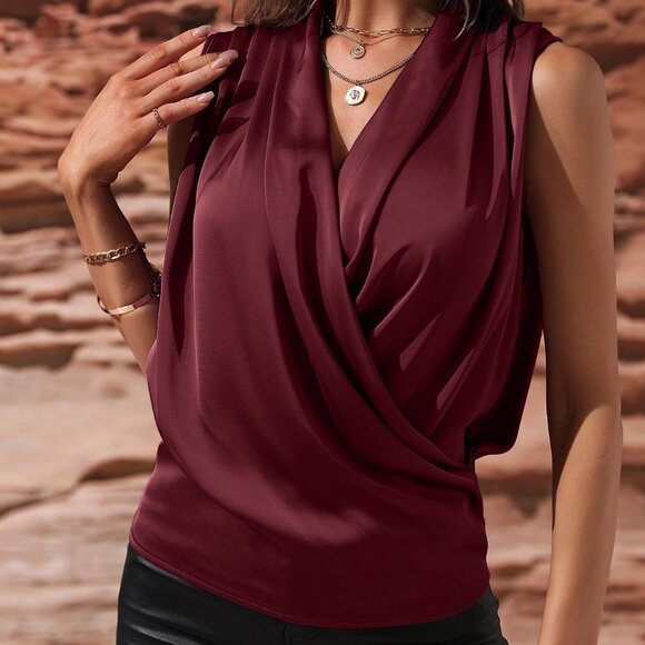 Burgundy Preppy Womens Solid Ruched Overlap Collar Sleeveless Satin Blouse - Picture 2 of 4